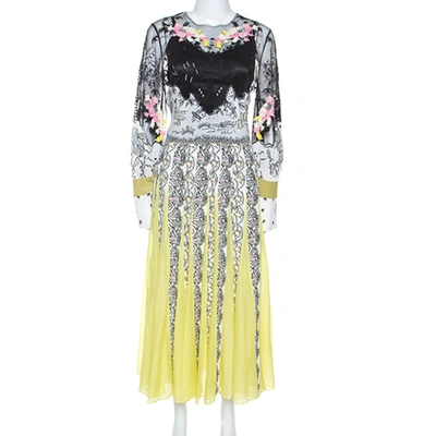 Pre-owned Valentino Multicolor Printed Silk Tulle Embroidered Midi Dress S