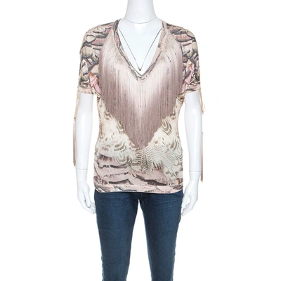 Pre-owned Roberto Cavalli Multicolor Printed Fringed Neckline V-neck Top S