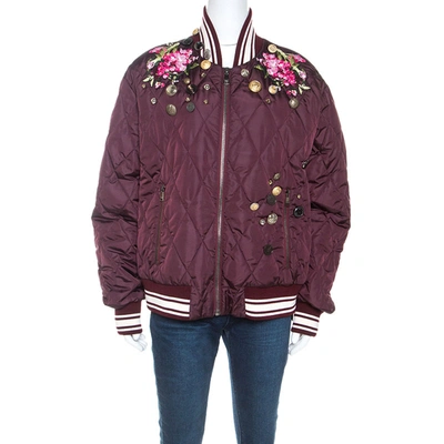 Pre-owned Dolce & Gabbana Hortensia Burgundy Nylon Embellished Bomber Jacket M