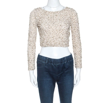 Pre-owned Alice And Olivia Beige Embellished Long Sleeve Lacey Crop Top S