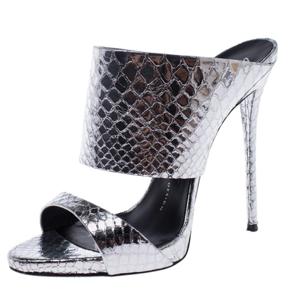 Pre-owned Giuseppe Zanotti Metallic Silver Snake Embossed Leather Andrea Mules Size 37.5