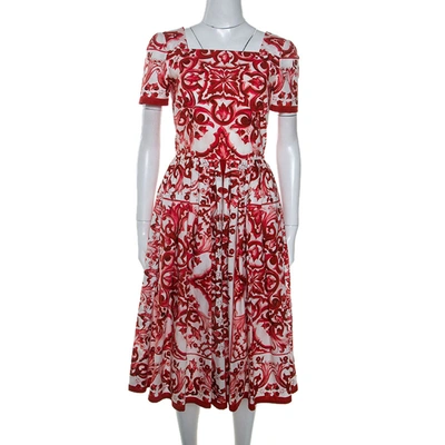 Pre-owned Dolce & Gabbana Red Majolica Printed Cotton Pleated Midi Dress S