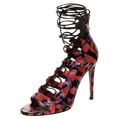 Pre-owned Aquazzura Multicolor Python Leather Elaphe Cut Out Ankle Wrap Sandals Size 37