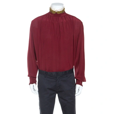 Pre-owned Gucci Burgundy Silk Embellished Collar Ruffle Trim Shirt Xl