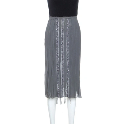 Pre-owned Alberta Ferretti Grey Silk Sequin Embellished Pleated Midi Skirt S