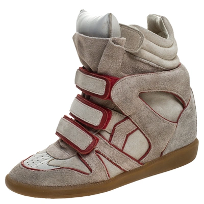 Pre-owned Isabel Marant Grey Suede With Metalllic Red Leather Trim Bekett Wedge Sneakers Size 38