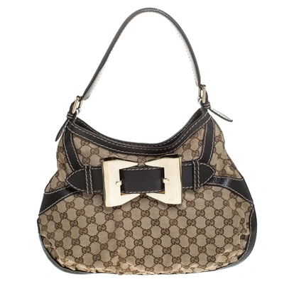 Pre-owned Gucci Beige/brown Canvas And Leather Small Queen Hobo