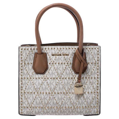Pre-owned Michael Kors Beige/tan Coated Canvas Studded Mercer Tote