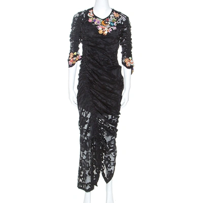 Pre-owned Preen Black Stretch Lace Embellished Detail Ruched Georgia Dress L