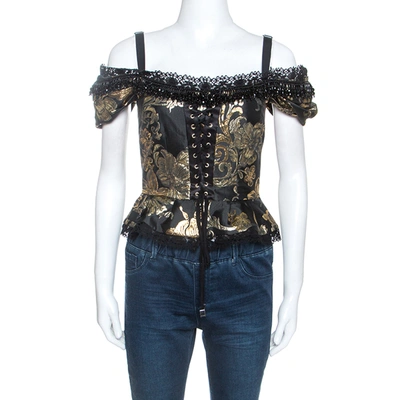Pre-owned Dolce & Gabbana Black And Gold Jacquard Off Shoulder Corset Top S