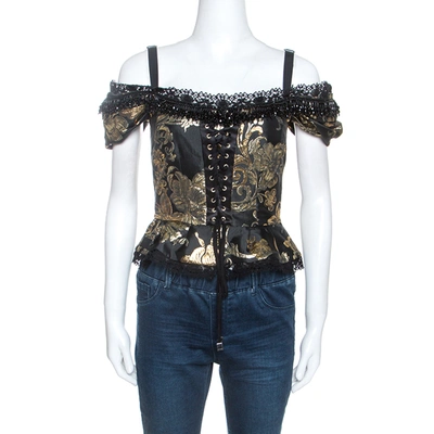 Pre-owned Dolce & Gabbana Black And Gold Jacquard Off Shoulder Corset Top M