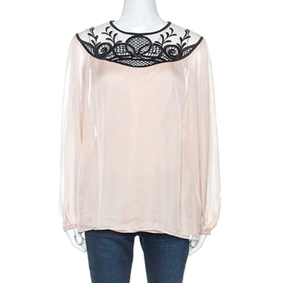 Pre-owned Temperley Pale Pink Chiffon Contrast Embroidery Detail Blouse L