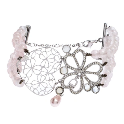 Pre-owned Dior Silver Tone Crystal Embellished Multi Strand Beaded Bracelet In Pink