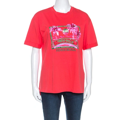 Pre-owned Fendi Coral Red Cotton Embellished Detail Trevi Falls T-shirt Xs