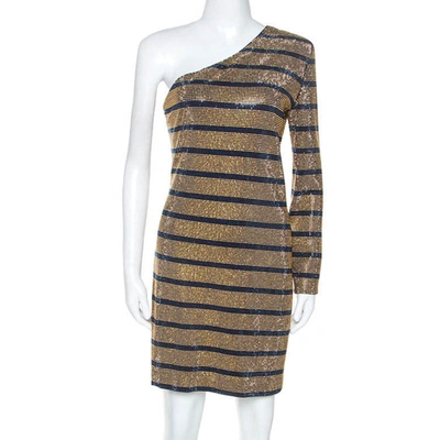 Pre-owned Balmain Gold Crystal Embellished Striped One Shoulder Mini Dress L
