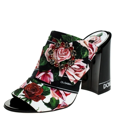 Pre-owned Dolce & Gabbana Multicolor Floral Printed Fabric Crystal Embellished Bow Open Toe Mules Size 38