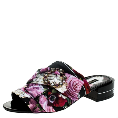 Pre-owned Dolce & Gabbana Multicolor Floral Printed Fabric Crystal Embellished Bow Open Toe Mules Size 39