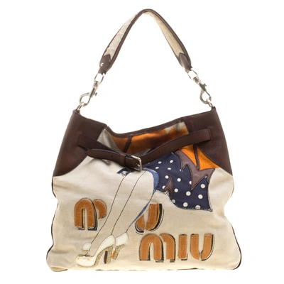 Pre-owned Miu Miu Beige/brown Canvas Embroidered Shoulder Bag