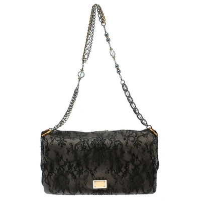Pre-owned Dolce & Gabbana Black/taupe Lace And Suede Miss Charles Shoulder Bag