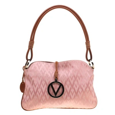 Pre-owned Valentino Garavani Pink/brown Fabric And Leather Logo Charm Shoulder Bag