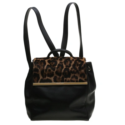 Pre-owned Michael Michael Kors Leopard Print Calfhair And Leather Lana Backpack In Black