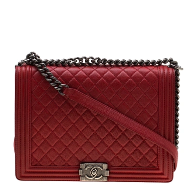 Pre-owned Chanel Red Quilted Leather Large Boy Flap Bag