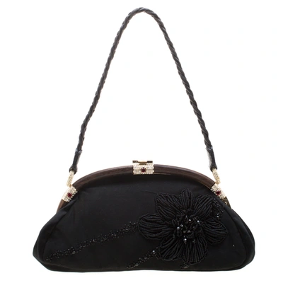 Pre-owned Valentino Garavani Black Beaded Embellished Satin Crystal Wood Frame Bag