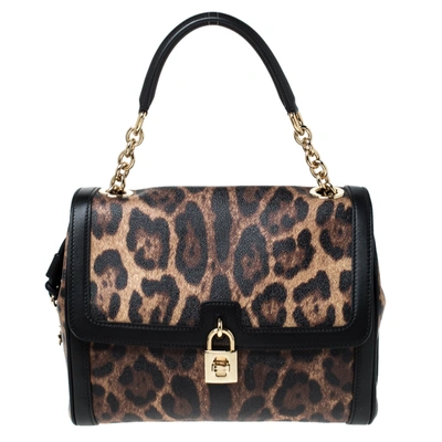Pre-owned Dolce & Gabbana Leopard Print Coated Canvas Padlock Shoulder Bag In Brown