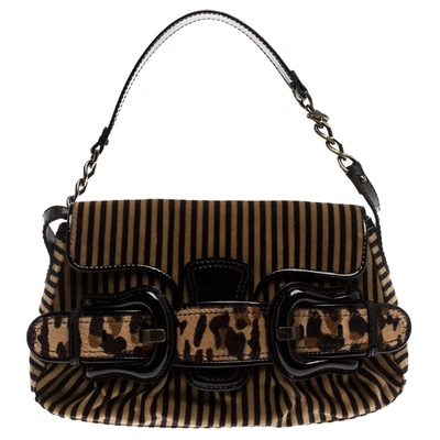 Pre-owned Fendi Brown/black Striped Velvet And Calfhair B Bis Shoulder Bag