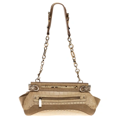 Pre-owned Versace Cream Crocodile Embossed Leather Studded Frame Shoulder Bag