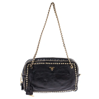 Pre-owned Prada Black Leather Studded Chain Shoulder Bag