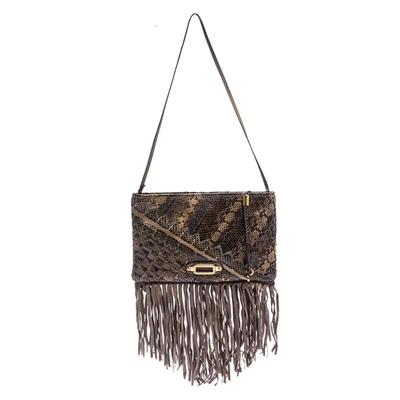 Pre-owned Jimmy Choo Beige Python And Suede Fringe Tita Shoulder Bag