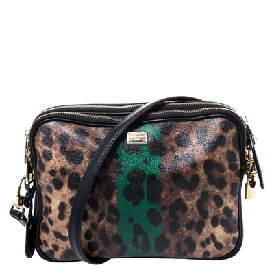 Pre-owned Dolce & Gabbana Bicolor Leopard Print Coated Canvas Triple Zip Shoulder Bag In Brown