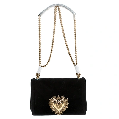 Pre-owned Dolce & Gabbana Black Matelasse Velvet Devotion Chain Shoulder Bag