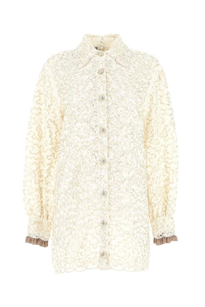 Gucci Lace Embellished Mini Shirt Dress In Bianco