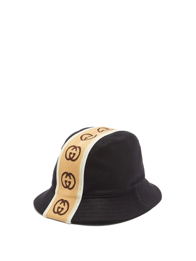 Gucci Logo-jacquard Webbing-trimmed Bucket Wool Hat In Black | ModeSens