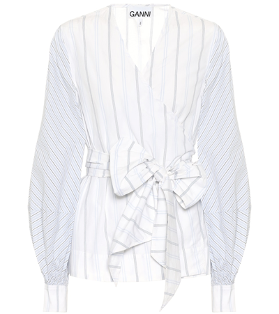 Ganni Striped Shirting Long-sleeve Wrap Blouse In White