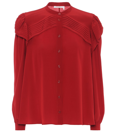 Chloé Ruffled Pintucked Silk Crepe De Chine Blouse In Copper Red