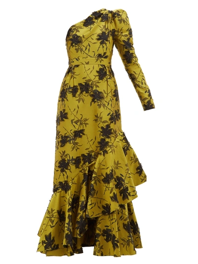 Erdem Doriana One-sleeve Ruffled Fil Coupé Floral-jacquard Gown In Yellow