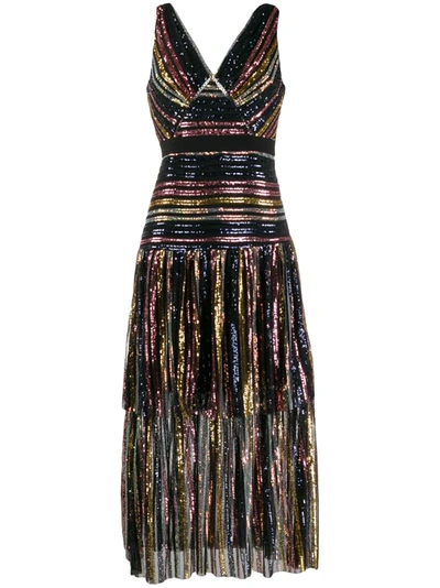 Self-portrait Grosgrain-trimmed Tiered Striped Sequined Tulle Midi Dress In Multi