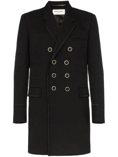 Saint Laurent Double Breasted Paisley Jacquard Virgin Wool Coat In Black