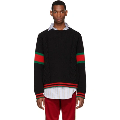 Gucci Web Stripe Cable Knit Wool Sweater In Black