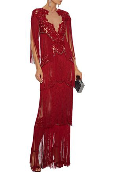 Marchesa Tiered Fringed Embellished Tulle Gown In Crimson