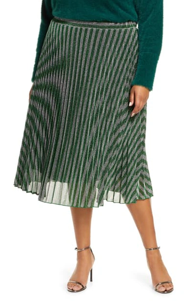 Estelle Chevron Pleated Metallic Knit Skirt In Green / Silver
