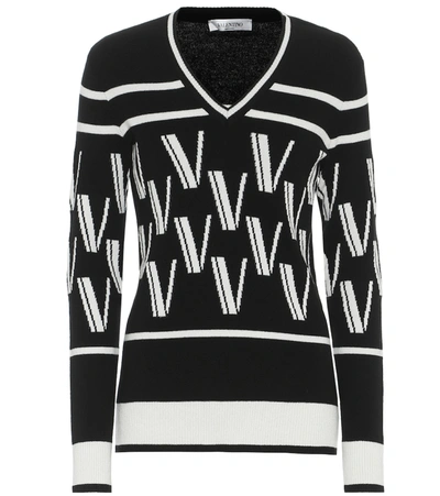 Valentino Women's Double V Intarsia Knit Wool & Cashmere Sweater In Nero Bianco
