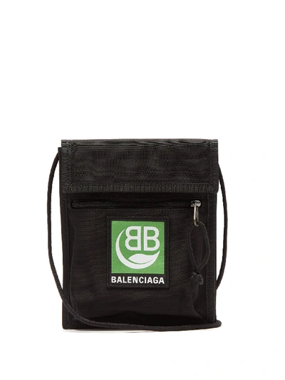 Balenciaga Green Logo Embroidery Nylon Crossbody In Black
