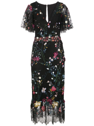 Marchesa Notte Appliqued Embroidered Lace Midi Dress In Black