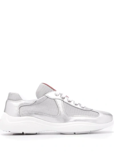 Prada Silver & White Leather & Mesh Sneakers