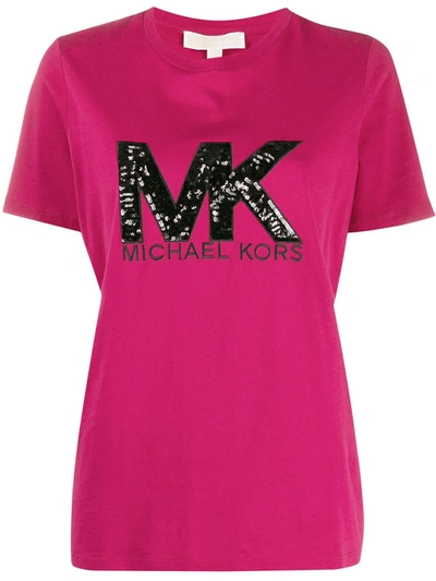 Michael Michael Kors Sequin-logo T-shirt In Pink