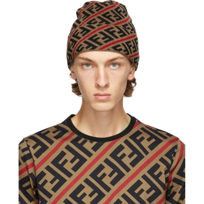 Fendi Ff Pattern Intarsia Knit Beanie In Brown